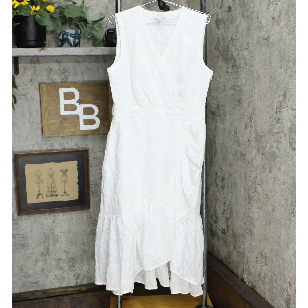 NWT Charter Club Eyelet Flounce Wrap Dress White 10